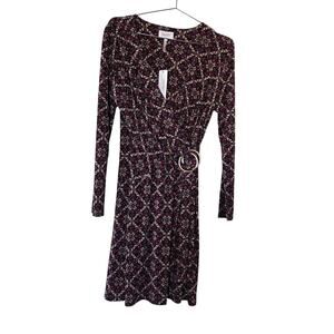 Laundry by Shelli Segal Geometric Berry Belted Long Sleeve Dress Women Size S